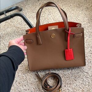 Tory Burch Brown small Satchel/ crossbody with orange Interior